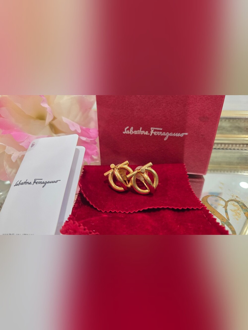 Salvatore Ferragamo 3D Gancini Gold Clip-On Earrings w/ Box